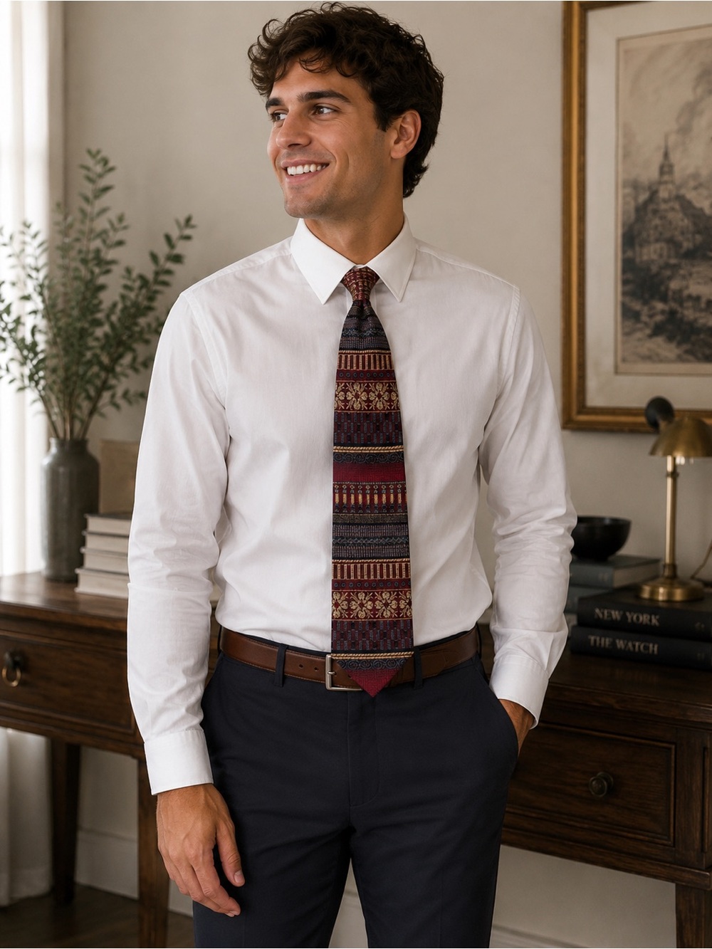 Geoffrey Beene Burgundy and Gold Patterned Silk Tie